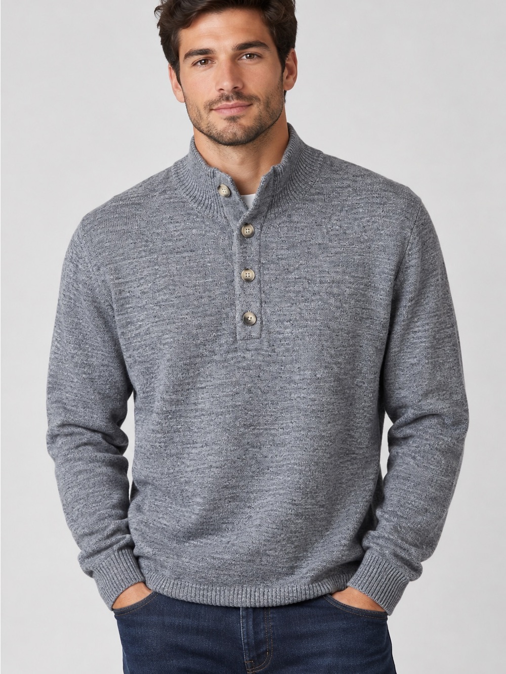 The Normal Brand Mens Grey Button Mock Neck Sweater XL
